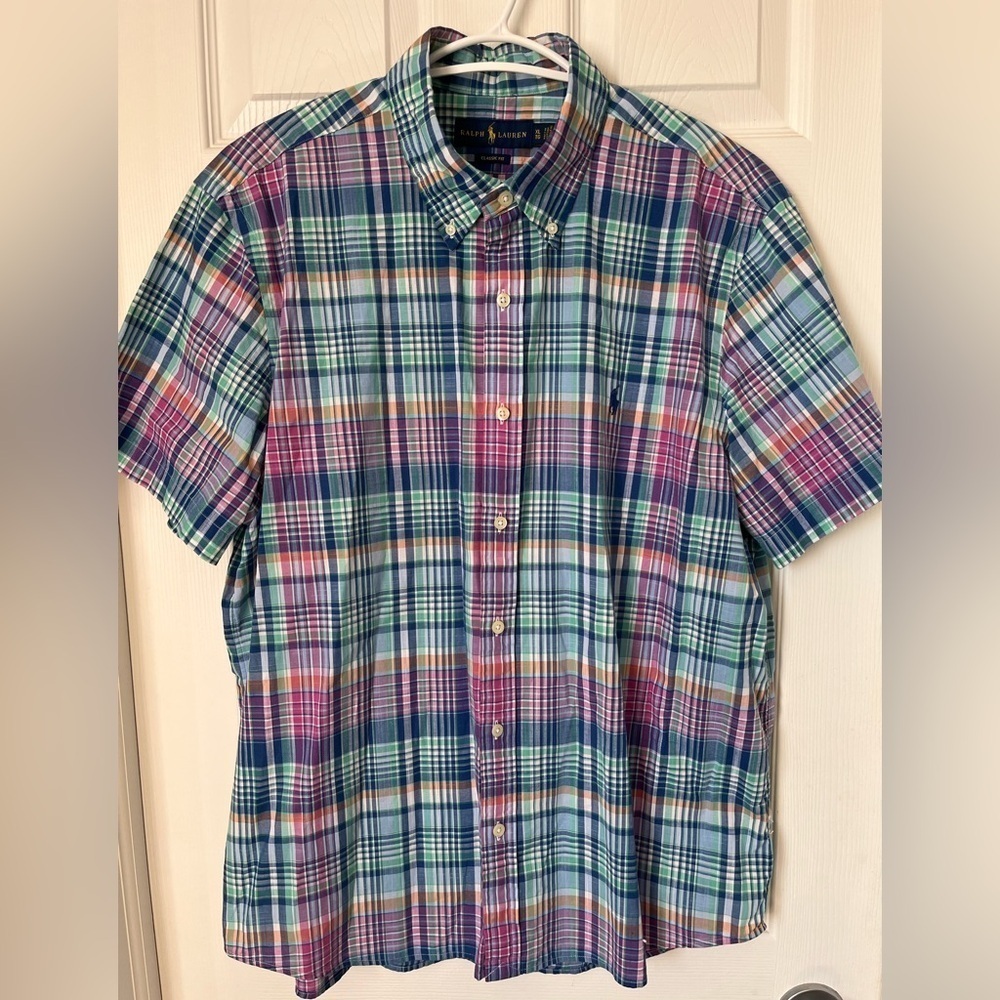 Mens Ralph Lauren Plaid Oxford Short Sleeve Shirt Size XL Vibrant Classic Fit
